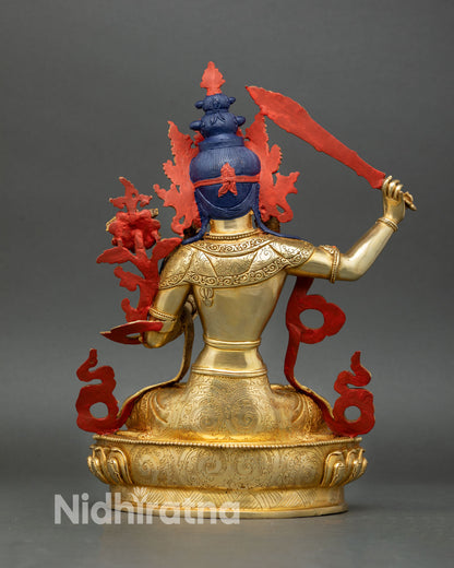Manjushri statue back view intricate ornament detail lost wax casting gold gilded spiritual altar art