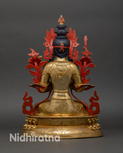 Manjushri statue back view lotus pedestal sacred symbols double lotus throne Buddhist spiritual decor