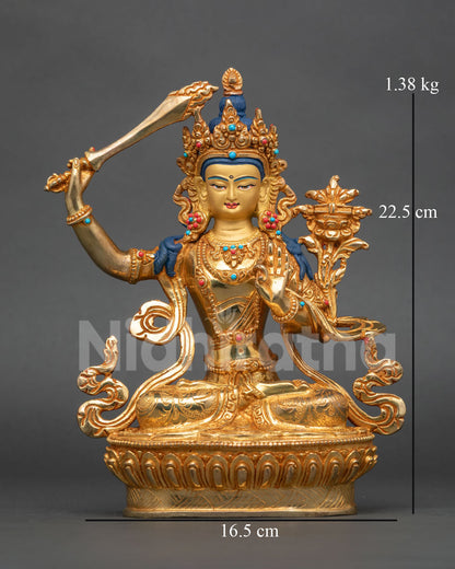 Manjushri Statue Buddhist altar decor from Nepal with 24K gold gilded finish