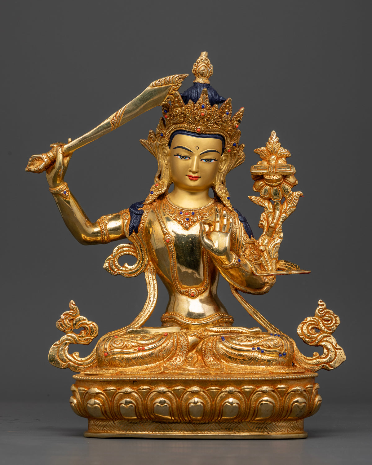 Manjushri Statue copper gold fire gilded Newari art Patan Nepal.