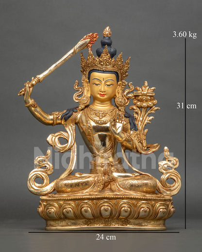 Manjushri Statue copper gold fire gilded Newari artisan Patan Nepal front view.
