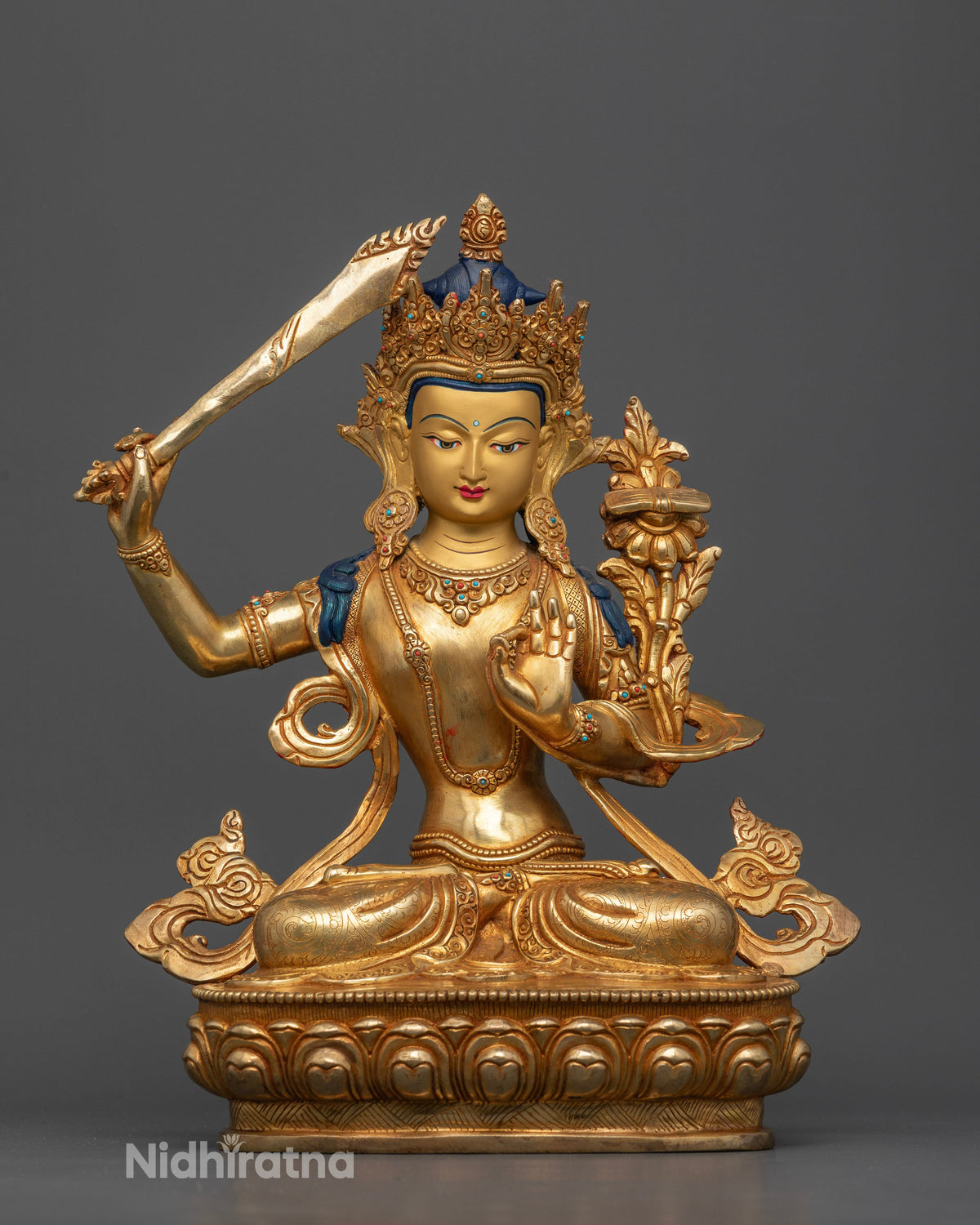 Manjushri statue copper sculpture with 24K gold fire gilding and semi precious stones