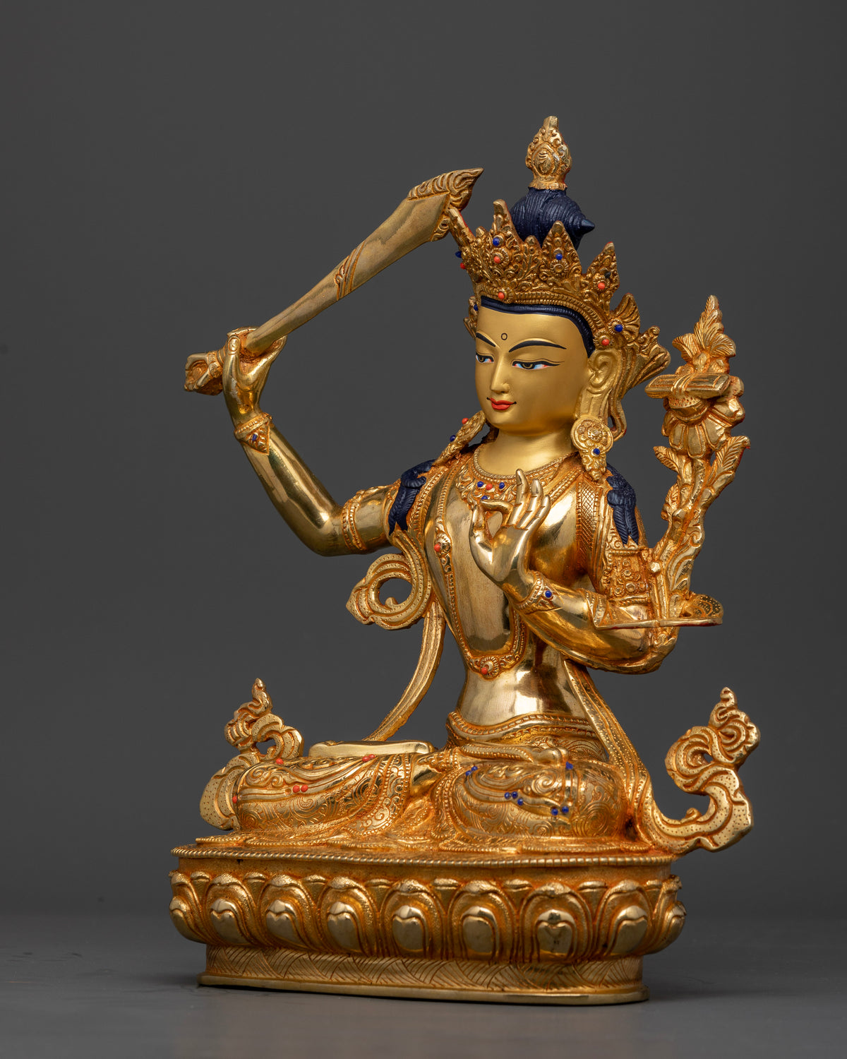 Manjushri Statue five jewel crown semi precious stones.