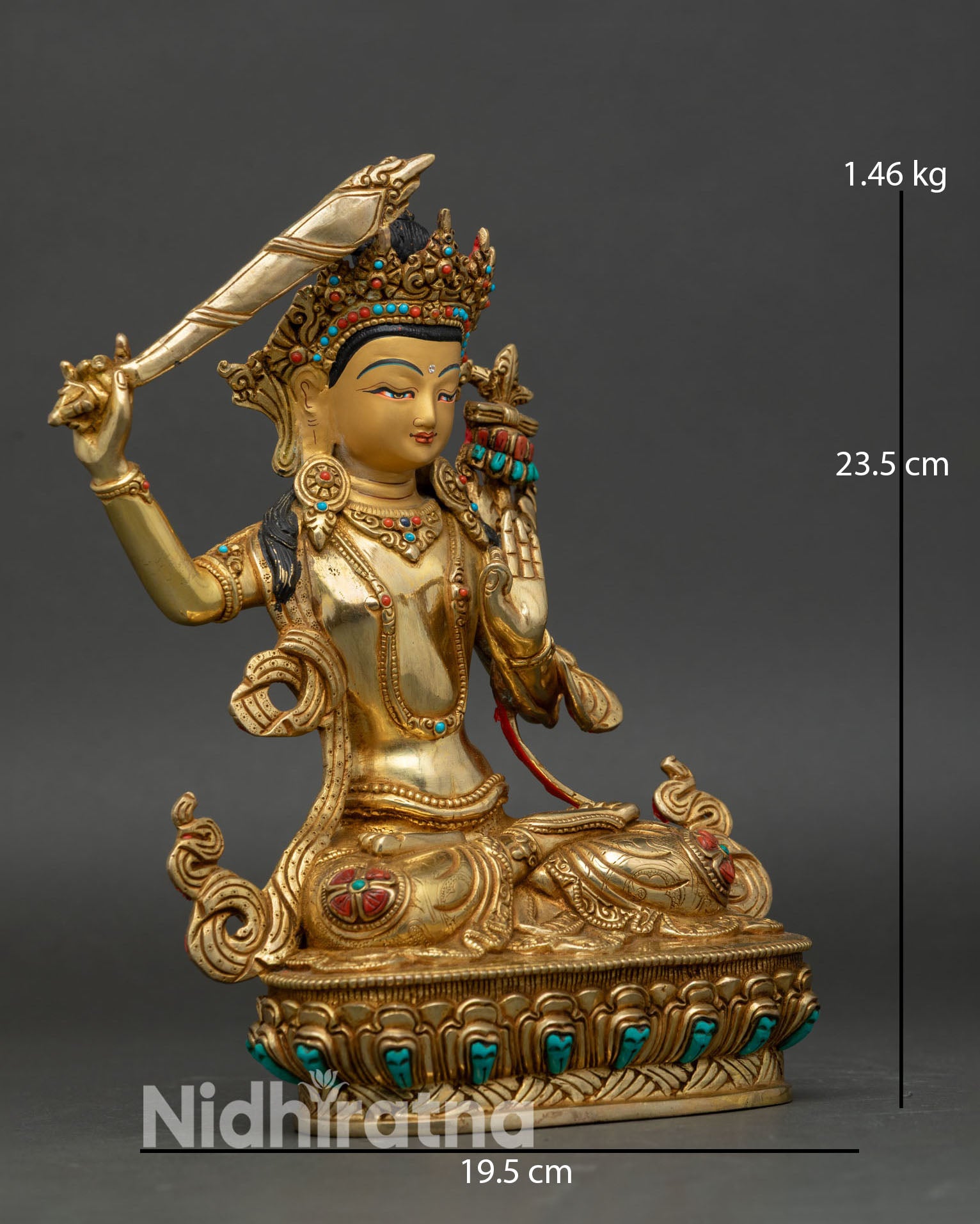 Manjushri statue, flaming sword of wisdom, lotus Prajnaparamita Sutra 
