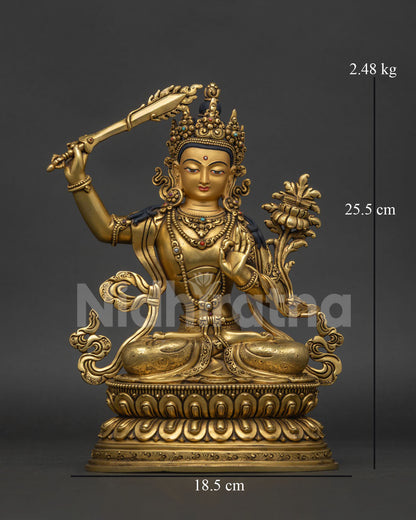 Manjushri statue from Nepal front view with 24K gold-gilded copper and lotus pedestal