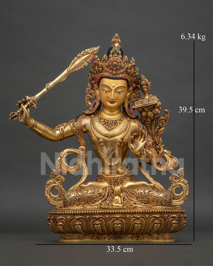 Manjushri Statue front view, 24K gold fire-gilded copper Bodhisattva of Wisdom
