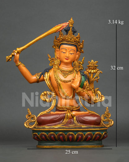 Manjushri Statue front view Bodhisattva of Wisdom with flaming sword and lotus