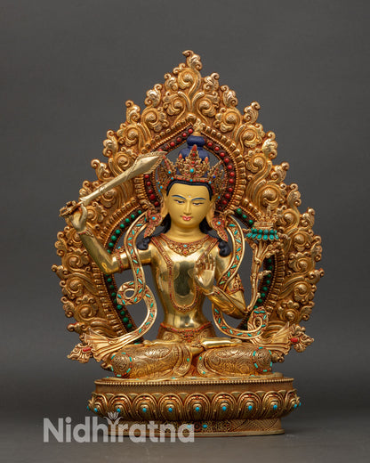manjushri statue front view, four armed bodhisattva gold gilded nepal