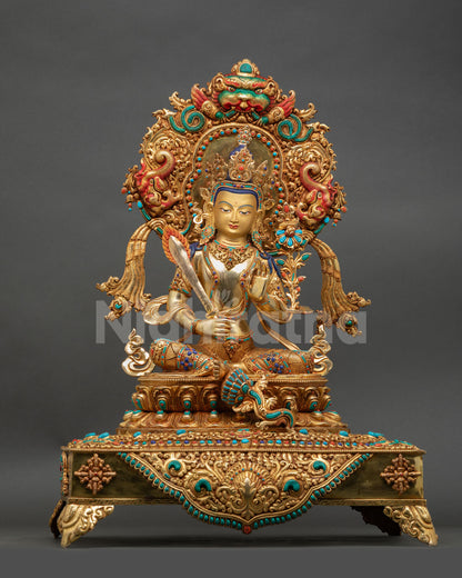 Manjushri Statue Front View With Royal Throne Gold Fire Gilded Buddhist Artwork