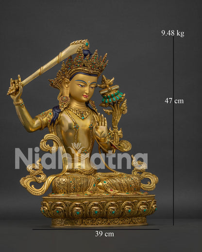 Manjushri statue gold gilded right side view with jeweled ornaments