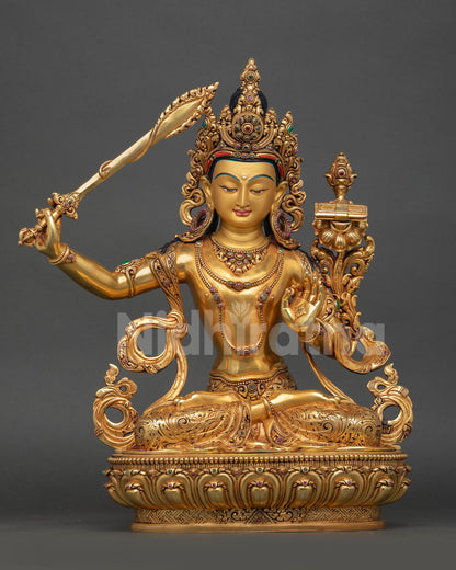 Front view: Manjushri statue hand carved Nepal copper gold gilded lotus throne sword wisdom