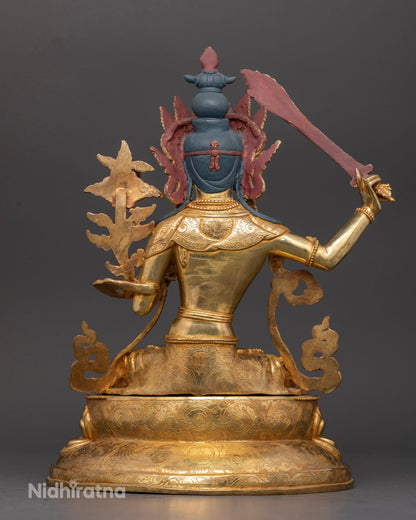 Manjushri statue handcarved double lotus pedestal Newari artistry back view.