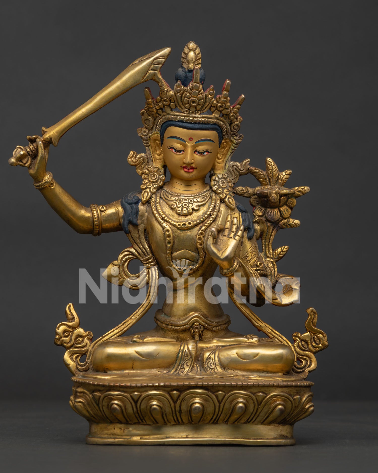 Manjushri Statue, Handcrafted in Nepal with 24K Gold Fire Gilded Copper