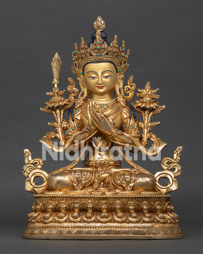 Manjushri Statue handcrafted in Nepal with 24K gold fire gilding and semi-precious stone inlays