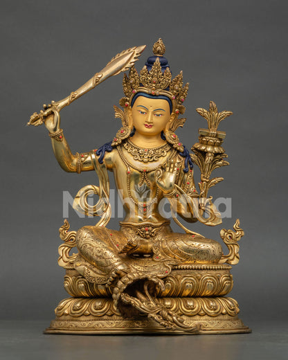 Manjushri Statue, handcrafted in Nepal with 24K gold gilding and semi precious stone inlay