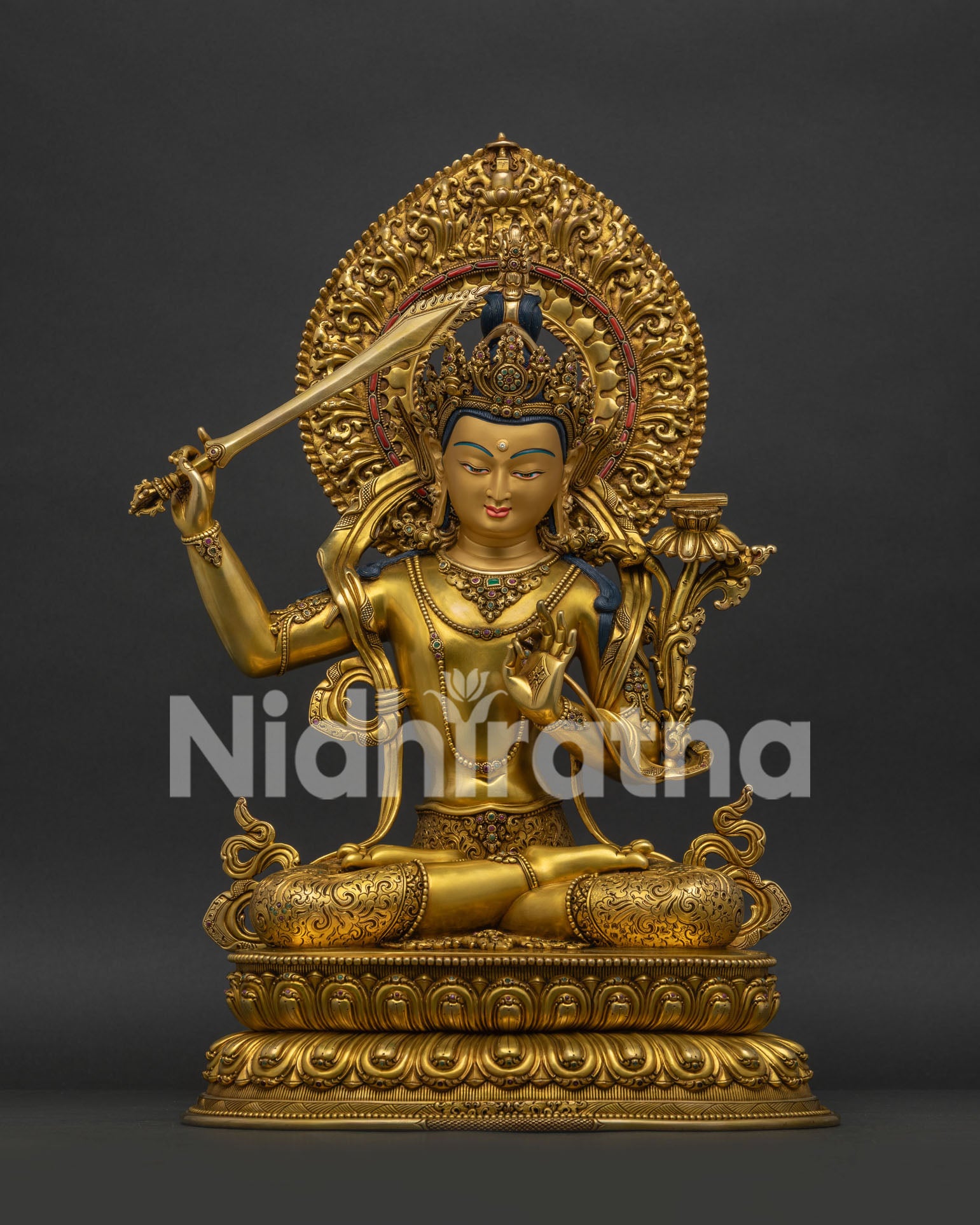 Manjushri Statue handcrafted in Nepal with 24K gold gilding front view