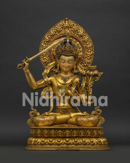 Manjushri Statue handcrafted in Nepal with 24K gold gilding front view