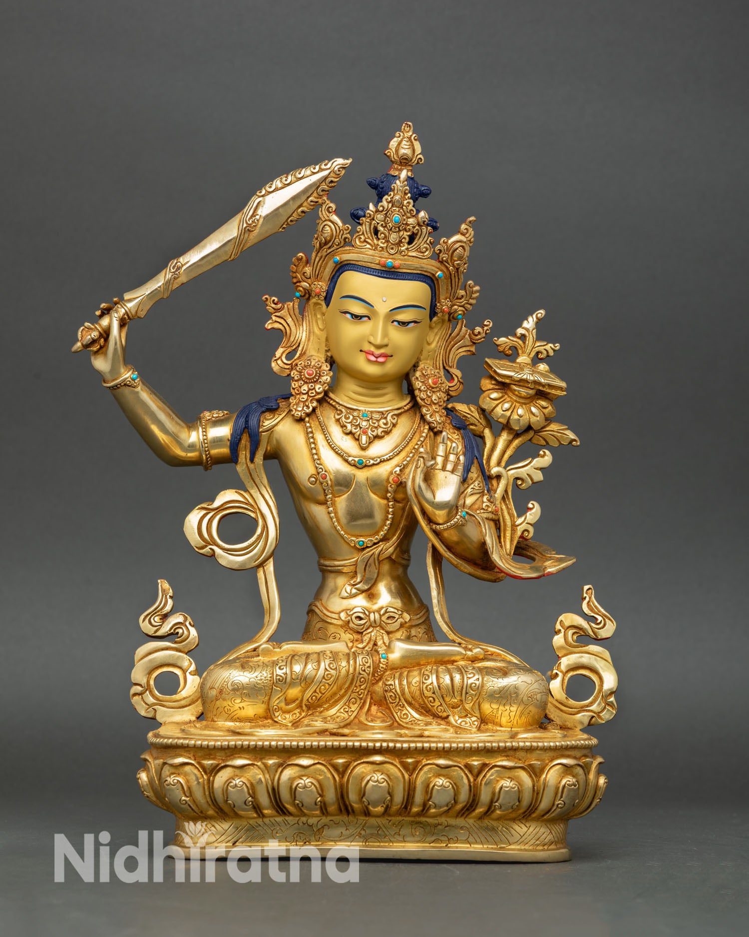Manjushri statue handcrafted nepal front view copper gold fire gilded lotus seat flaming sword wisdom