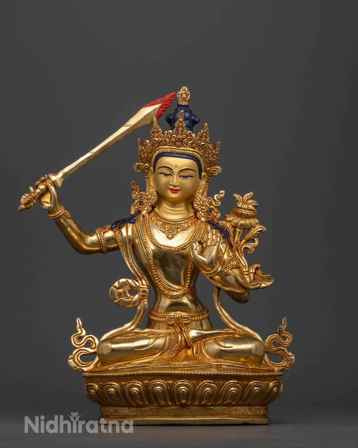 Manjushri Statue, handcrafted in Patan, Nepal with 24K gold fire gilding and intricate ornamental carvings