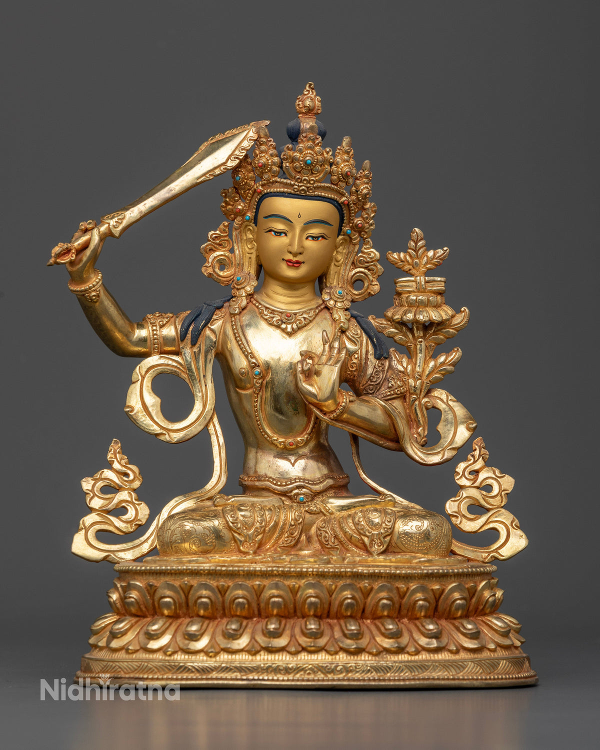 Manjushri Statue, handcrafted in Patan, Nepal with 24K gold fire-gilding and semi-precious stones