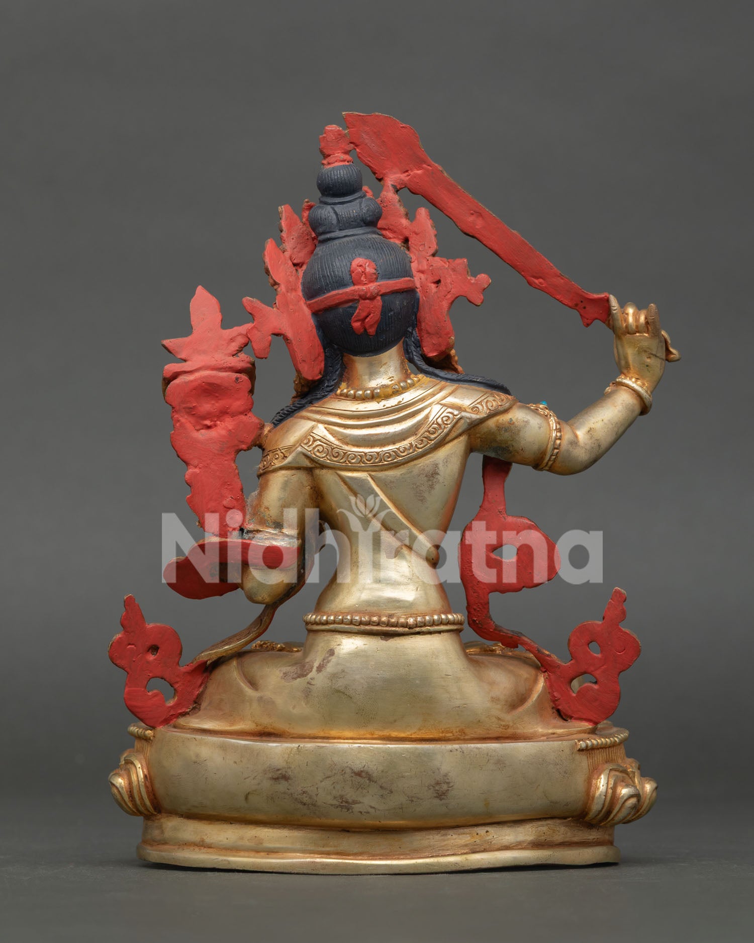 Manjushri Statue handcrafted using the lost wax casting method with gold gilding and finely detailed Buddhist artistry.