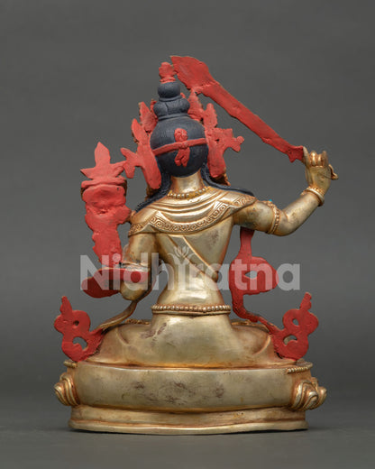 Manjushri Statue handcrafted using the lost wax casting method with gold gilding and finely detailed Buddhist artistry.