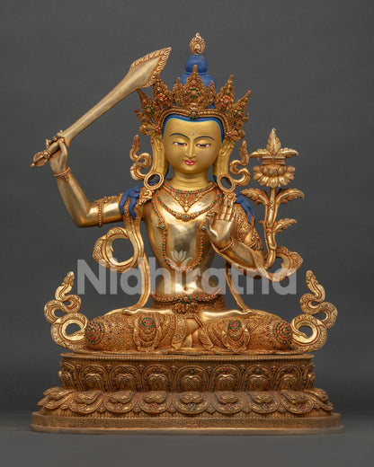 manjushri statue handmade copper with 24k gold gilding from nepal