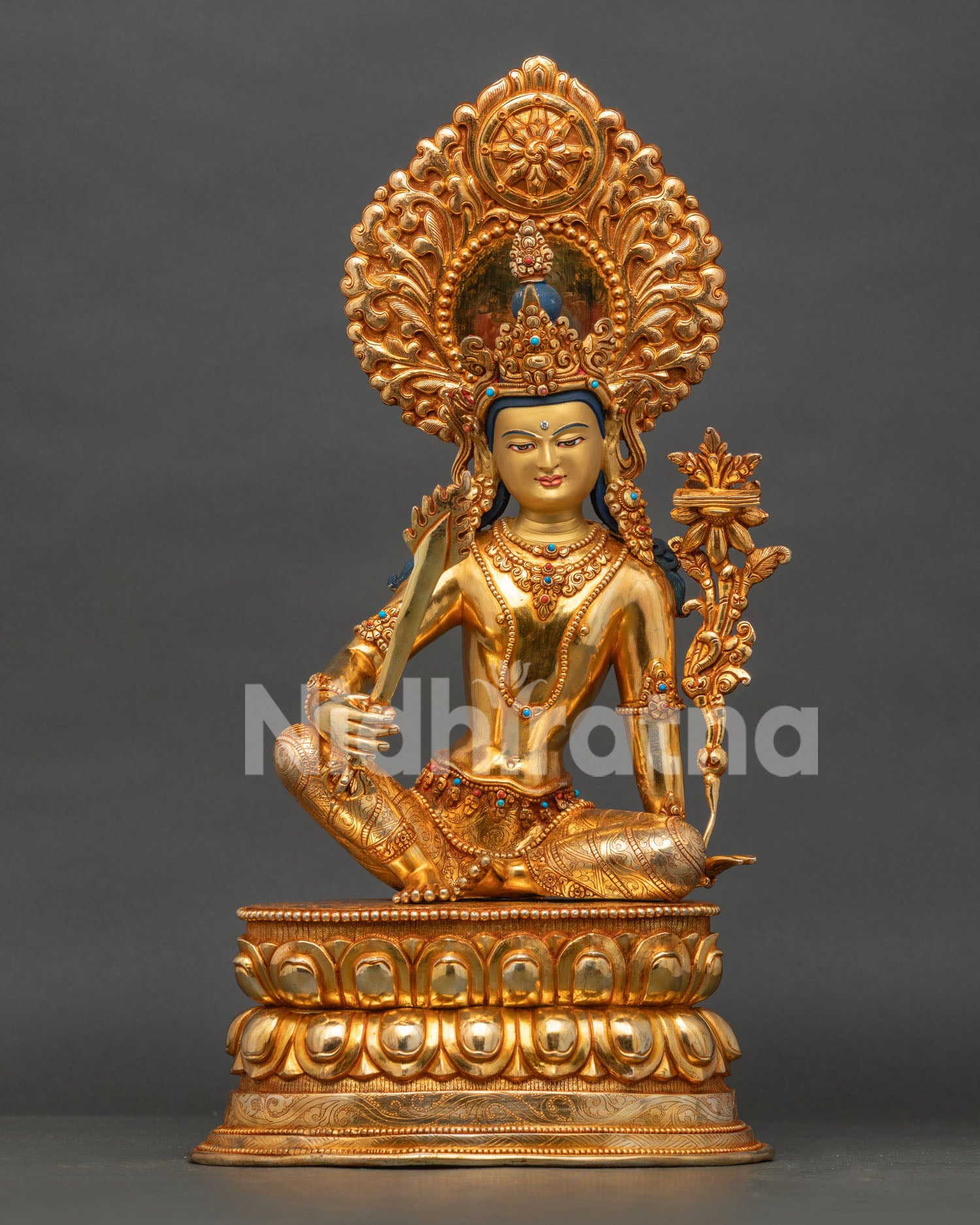 Manjushri Statue, handmade in Nepal with 24K gold fire gilding and semi precious stones