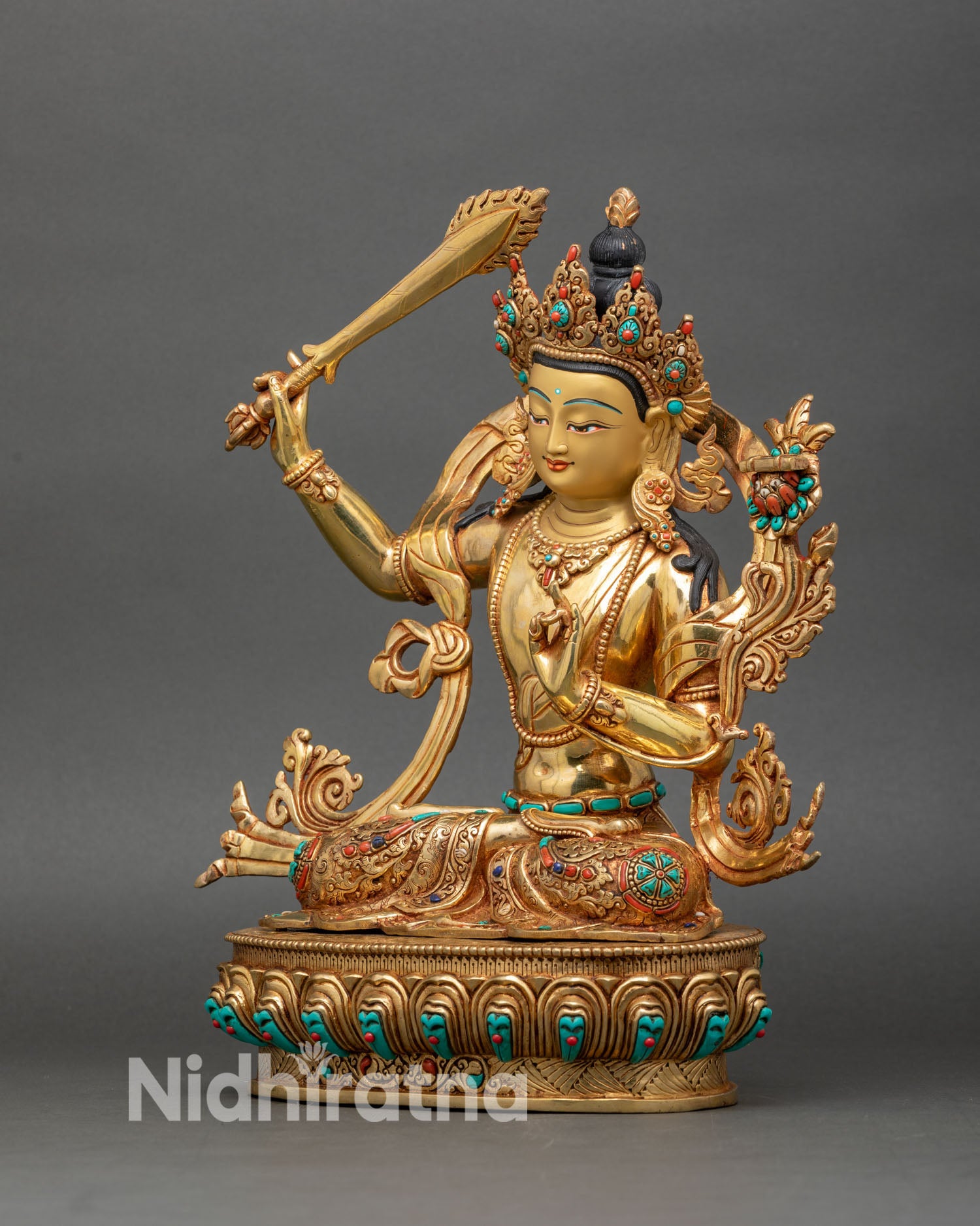 Manjushri Statue Left Side View, Bodhisattva on Lotus Pedestal