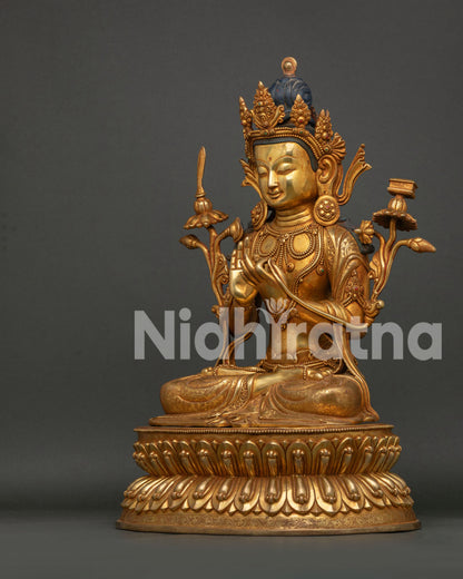 Manjushri statue left view side showing Prajnaparamita Sutra and sacred Buddhist details
