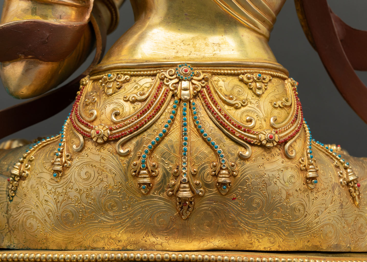 Manjushri statue lotus pedestal, jeweled beadwork garment detail