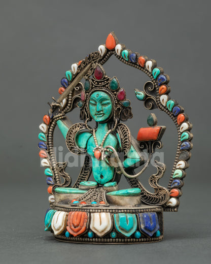 Manjushri statue lotus seat inlaid with turquoise, coral, lapis and shell, made in Nepal