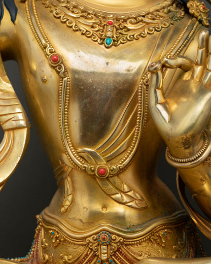 Manjushri statue necklace and mudra, hand-chased gold detailing