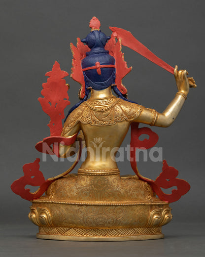 Manjushri Statue Nepal, handmade sacred wisdom deity artwork, gold gilded Buddhist sculpture