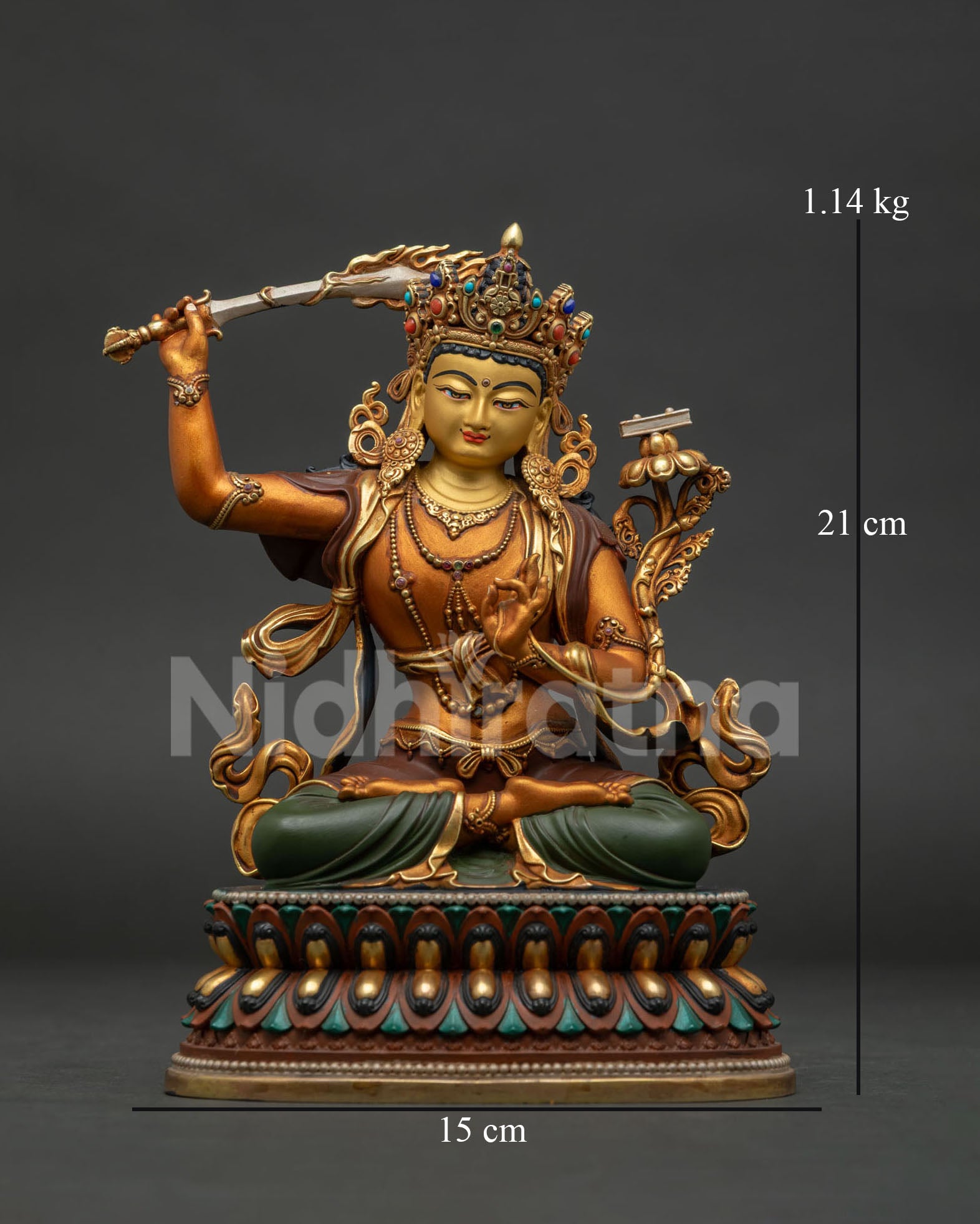 Manjushri statue Nepalese handcrafted copper Buddhist sculpture front view