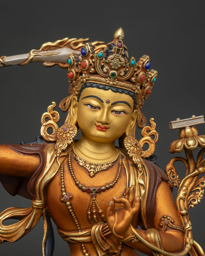 Manjushri statue Newari handcrafted copper sculpture regular close up