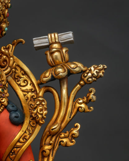 Manjushri statue prajnaparamita sutra book detail on gold lotus stem
