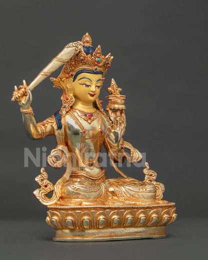 Manjushri statue raising flaming sword of wisdom prajnaparamita sutra.