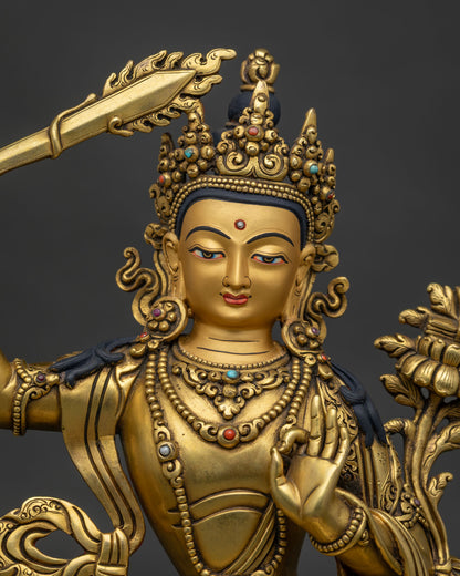 Manjushri statue regular close up showing Newari craftsmanship and gold-gilded details