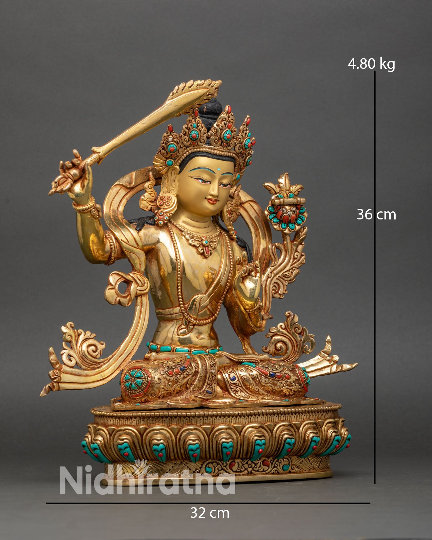 Manjushri Statue Right Side View, Flaming Sword, Lotus Pedestal