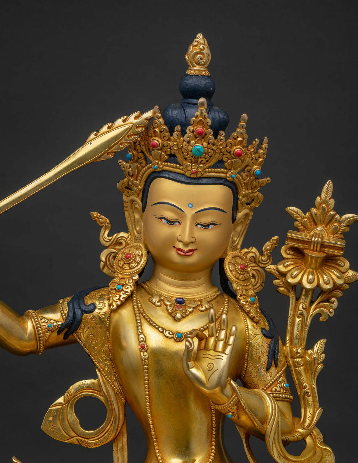 Manjushri Statue right side view, handcrafted copper Buddhist deity sculpture