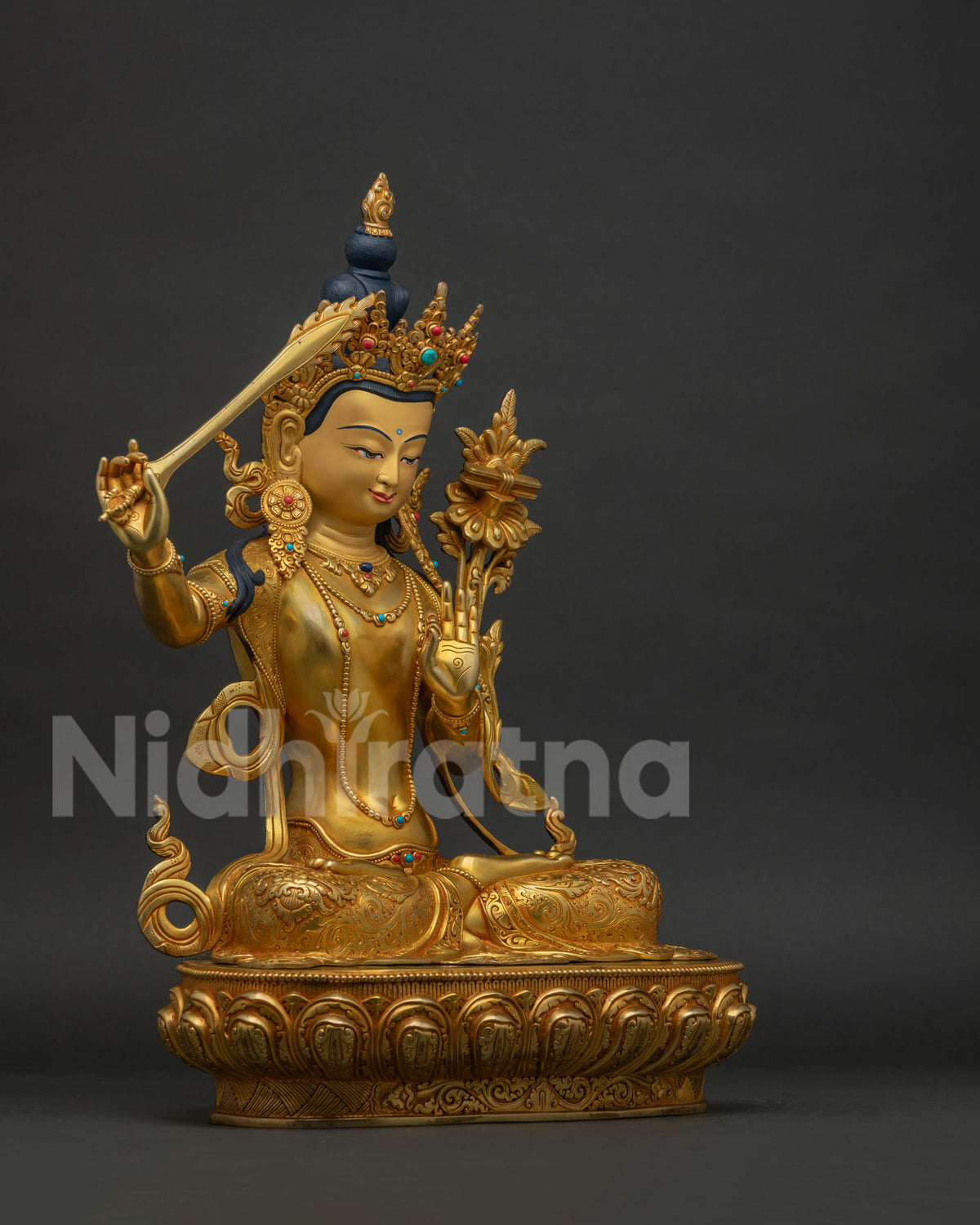 Manjushri Statue right side view, handcrafted copper Buddhist deity sculpture