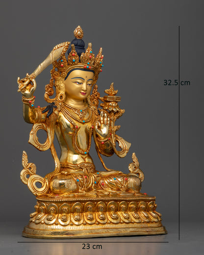 Manjushri statue right view flaming sword of wisdom Prajnaparamita Sutra double lotus pedestal.