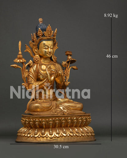 Manjushri statue right view side displaying lotus pedestal and traditional Newari artistry
