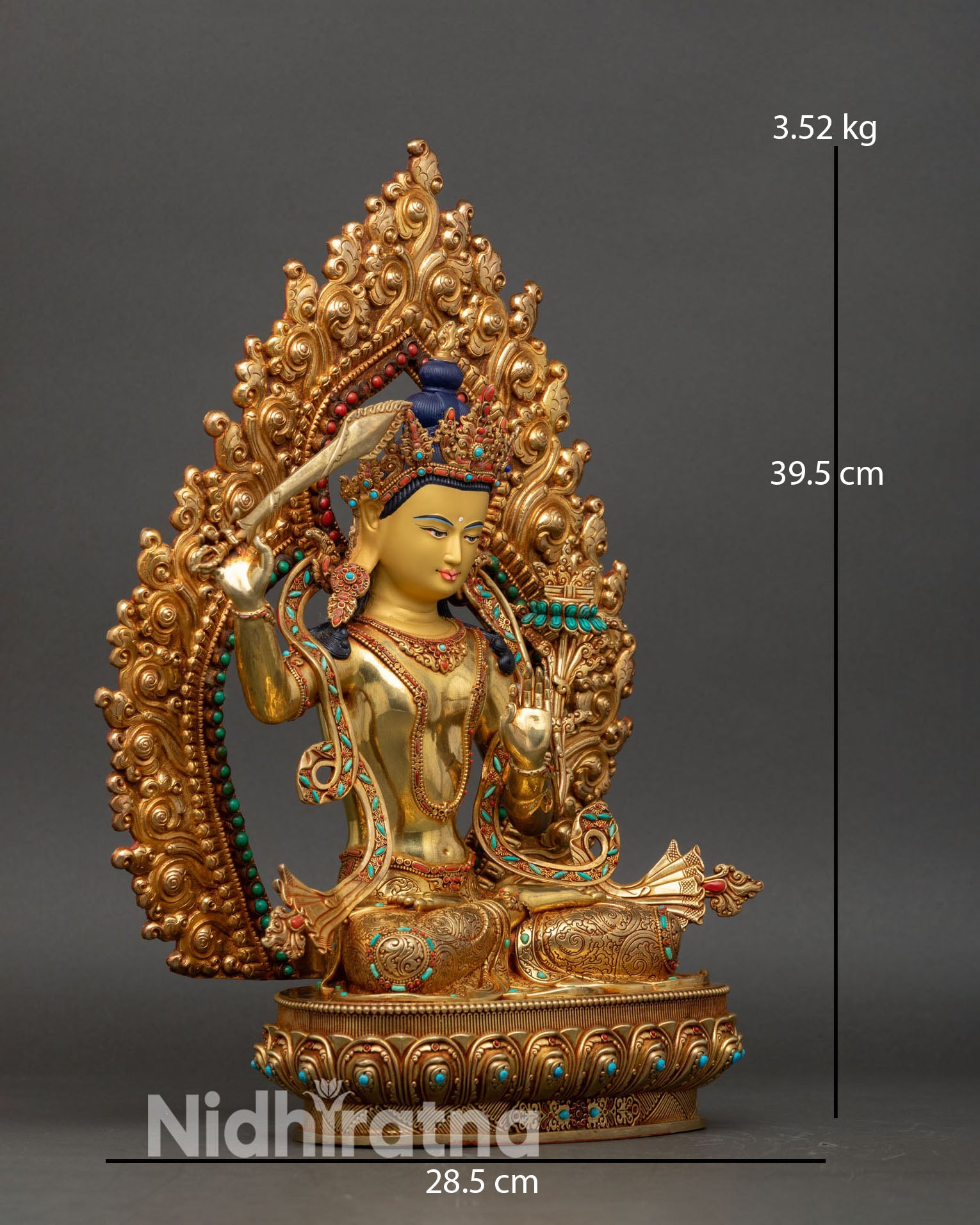 manjushri statue right view, sword of wisdom and lotus detail nepal
