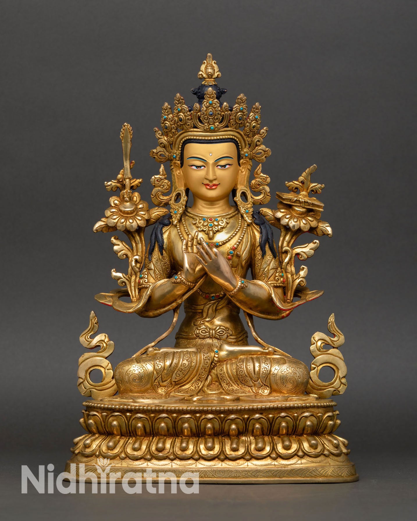 Manjushri statue seated double lotus throne Prajnaparamita Sutra flaming sword wisdom Buddhist art