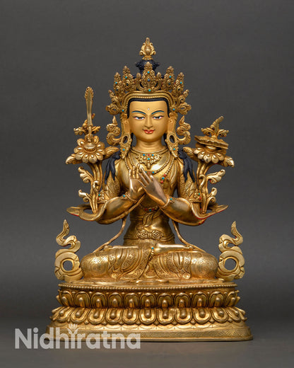 Manjushri statue seated double lotus throne Prajnaparamita Sutra flaming sword wisdom Buddhist art