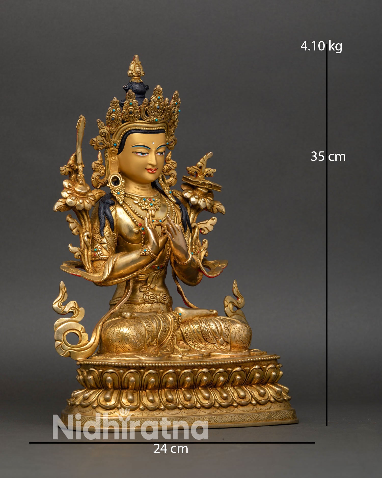 Manjushri statue side view Anjali Mudra hands joined compassion wisdom Tibetan Bodhisattva sculpture