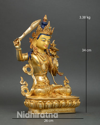 manjushri statue side view lotus stem prajnaparamita sutra buddhist wisdom deity nepal copper sculpture