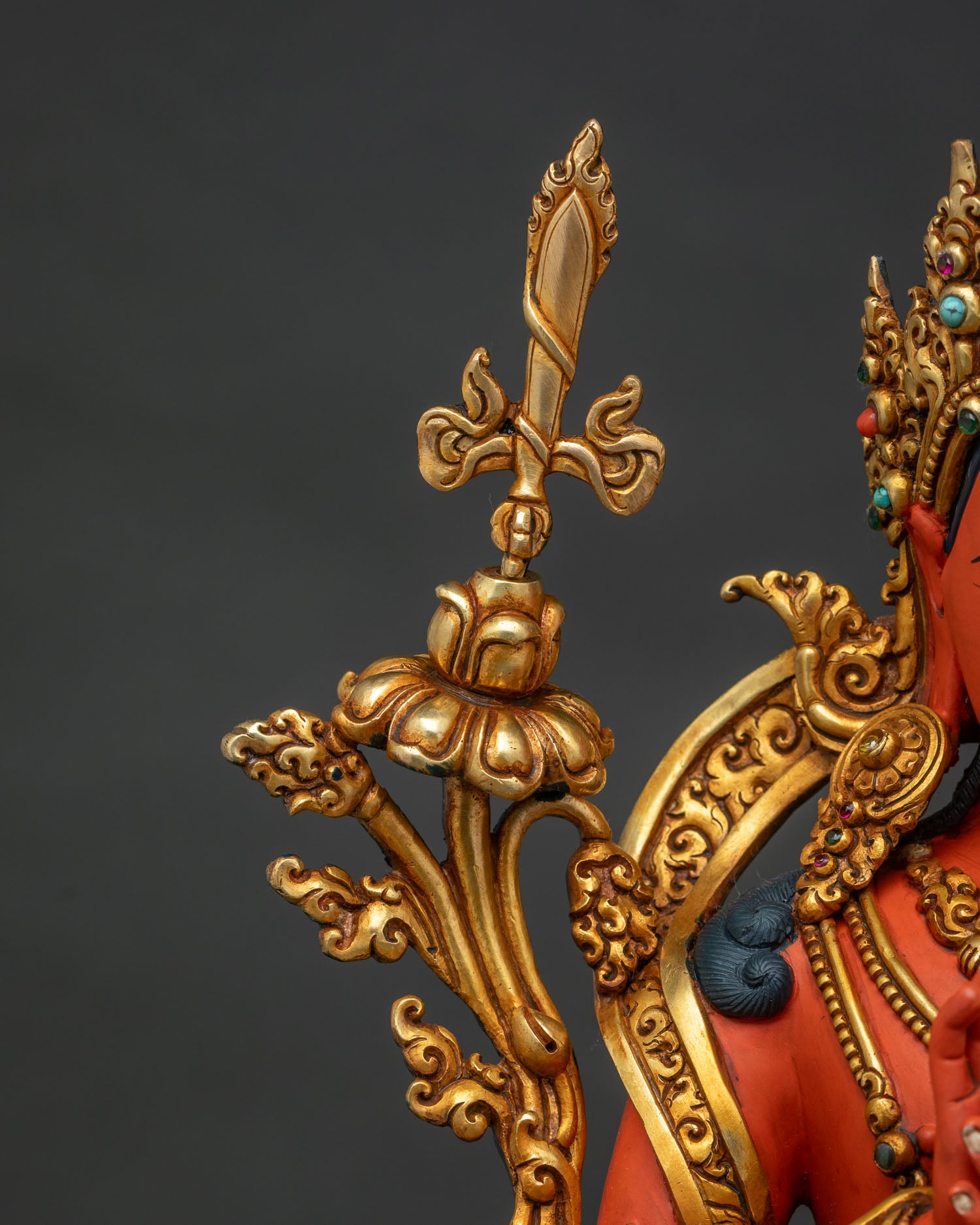 Manjushri statue wisdom sword detail on gold lotus stem, Tikshna form